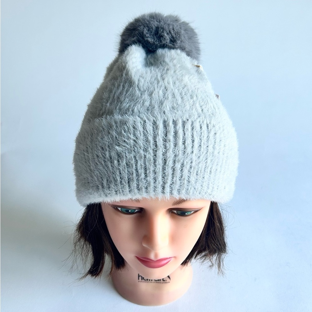 New Adore Alma Grey Rabbit Hear Knit Winter Beanie with Pom Pom One Size